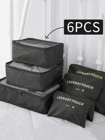 Waterproof 6pcs Luggage Packing Cubes, Colored Travel Clothes Organizer Bags, Zipper Closure, Suitable For Luggage, Dorms, Simple Pattern (Random Letter Print Patterns) Back To School Supplies Travel Essentials Travel Accessories Travel Bag Vacation Holiday School Stuff Dorm Room Essentials College