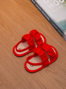 1 par de sandalias planas, cómodas y casuales con diseño de pliegues elásticos, adecuadas para el verano - Rojo - Ver 2
