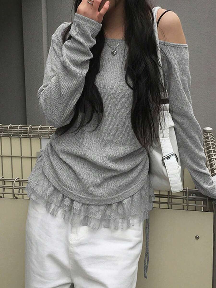 2件套 2025 春夏新款女式蕾丝拼布吊带背心 + 抽绳长袖上衣 - 灰色 - 查看 1