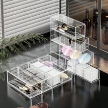 1pc Transparent 4-Cell Pull-Out Glasses With Drawer Sunglasses Storage Box Dustproof Stackable Accessories Storage Box,Stationery Storage, Makeup Tool Storage, Jewelry Storage, Display Stand