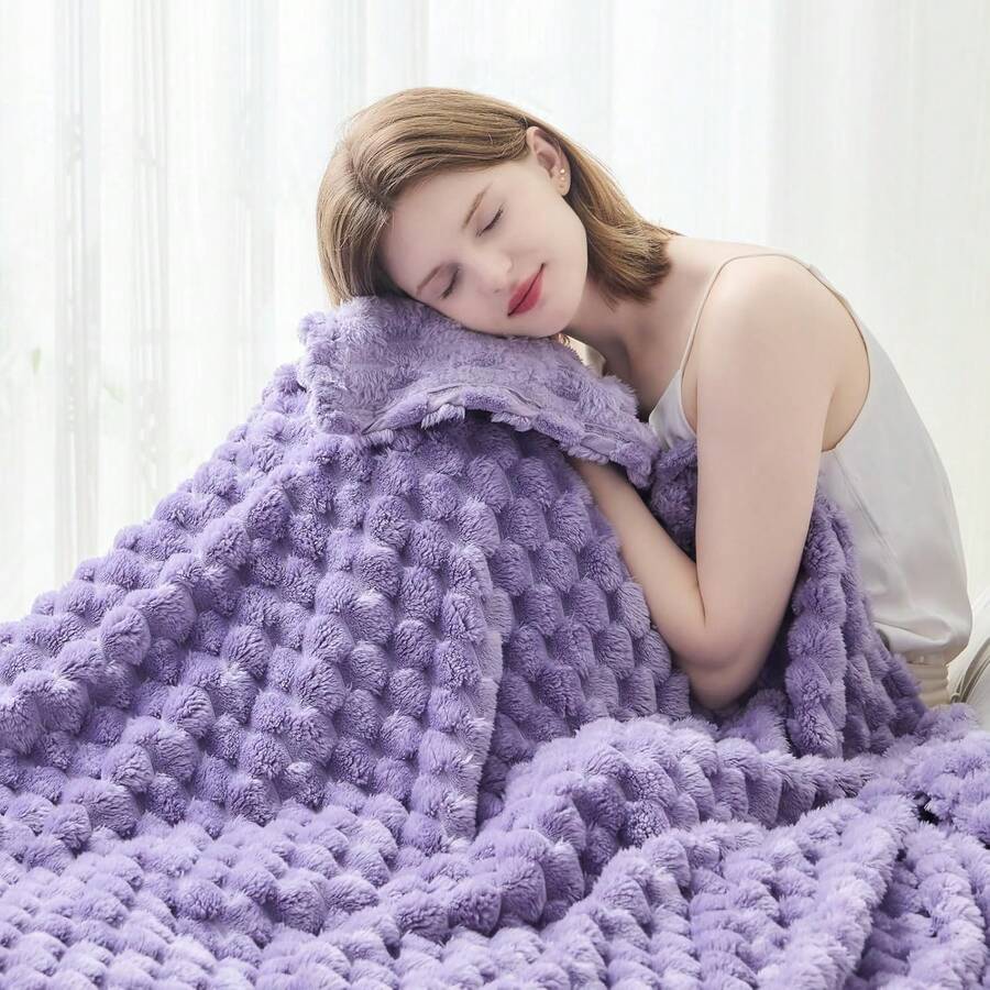 Super Soft King Blanket Pink Premium Silky Flannel Fleece 3D Ribbed Jacquard Lightweight Bed Blanket All Season Use (Pink Ribbed, King(90"X110")) - 薰衣草色 - 查看 1