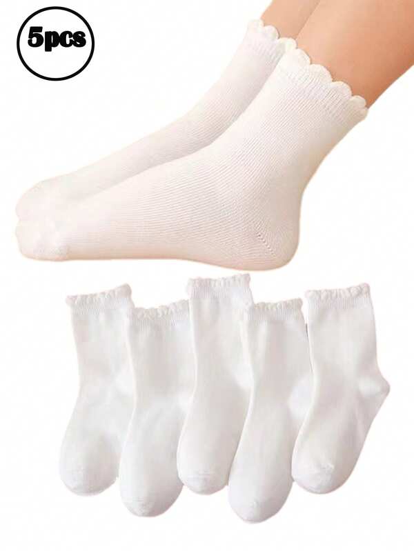 5 Pairs Kids/Children Solid Color Hem Socks, Simple Fashion Versatile, Skin-Friendly Soft Breathable Casual Athletic Socks, Suitable For Daily Wear, Holidays, Travel, Back To School