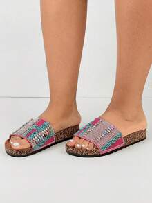 Thick Sole Slippers, Crystal Embellished Flat Bohemian Vacation Sandals - FUCHSIA - View 2