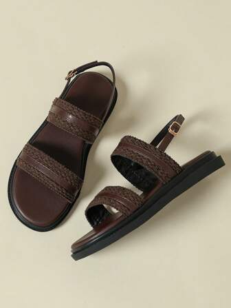 女式波西米亚风格厚底系带凉鞋，复古编织露趾防滑舒适坡跟鞋，适合 2025 年春秋季海滩、度假、休闲穿着，咖啡棕色，大码 41-43