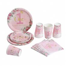 Set de 80 piezas de vajilla desechable con temática rosa linda, incluye platos de 7/9 pulgadas, servilletas, vasos, regalos de fiesta de cumpleaños, decoraciones, platos para postres, vasos para bebidas - Multicolor - Ver 1