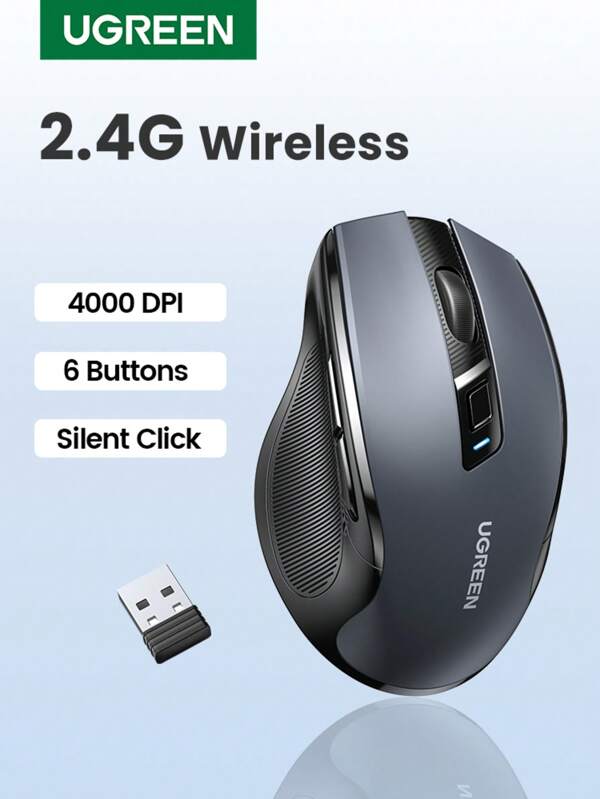 UGREEN UGREEN Wireless Mouse Ergonomic 6 Silent Mute Buttons, 2.4G Wireless With USB Mini Receiver, 5 Level DPI Setting 4000DPI For PC//Linux Laptop(Battery Not Included)