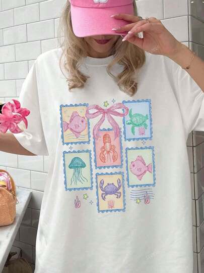 IXOEIS Women's Retro Summer T-Shirts, Coast, Women's Summer Prints, Beach, Beautiful Summer, Jellyfish, Seahorse Patterns, Coastal Aesthetics, Fish Prints, Casual Round Neck T-Shirt Tops,