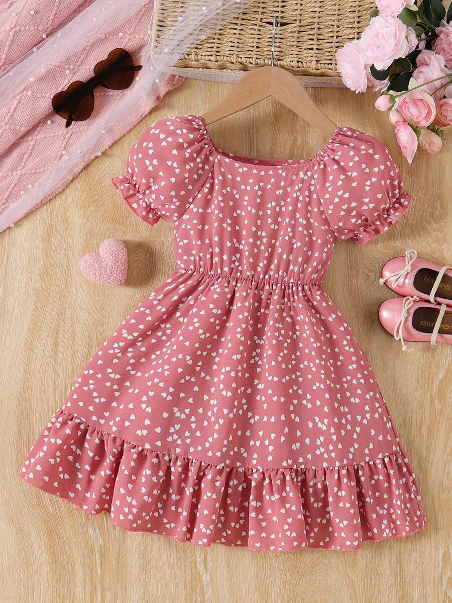Young Girls' Valentine's Day Heart Print Square Neck Puff Sleeve Fishtail Dress - 粉色 - 查看 1