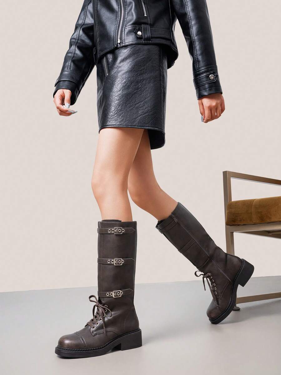Fashionable And Handsome High Boots With Laces - Brown - View 1