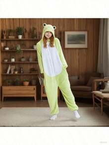 1pc Ropa de mujer linda El rana de caricatura Impresión de franela Romper Pijamas - Manga larga, con capucha, con cremallera, tejido de punto, forro de poliéster,  para adultos para calor de otoño/invierno - rana - Ver 2