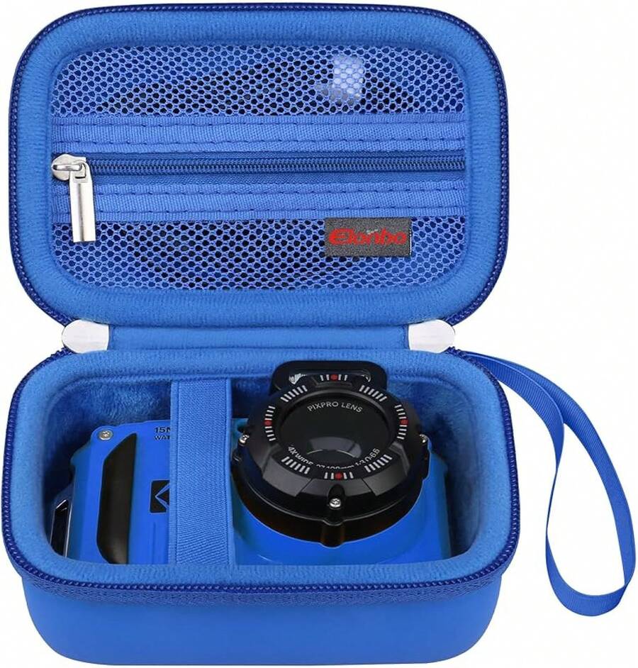 Elonbo Carrying PIXPRO WPZ2 Rugged Waterproof Digital Camera, Shockproof WiFi 4K Video Digital Camera Storage Cover Bag, Mesh Pocket Fits Battery Card. Black - PU Blue - View 1