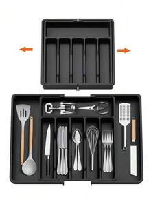 1Pc Silverware Drawer Organizer, Expandable Utensil Tray For Kitchen, Flatware And Cutlery Holder, Adjustable Plastic Storage For Spoons Forks Knives, Large, Black - Black - View 1