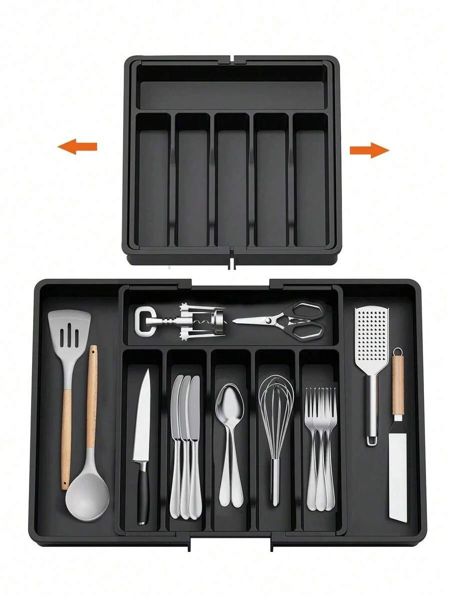 1Pc Silverware Drawer Organizer, Expandable Utensil Tray For Kitchen, Flatware And Cutlery Holder, Adjustable Plastic Storage For Spoons Forks Knives, Large, Black - Black - View 1