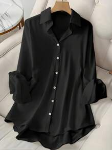 Classic Button-Front Long Sleeve Shirt, Short Front Long Back, Elegant Casual Everyday Wear, All Season