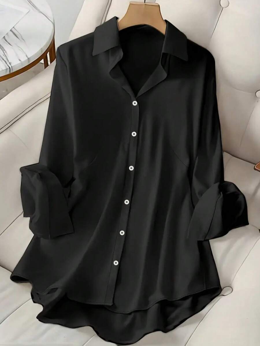 Classic Button-Front Long Sleeve Shirt, Short Front Long Back, Elegant Casual Everyday Wear, All Season