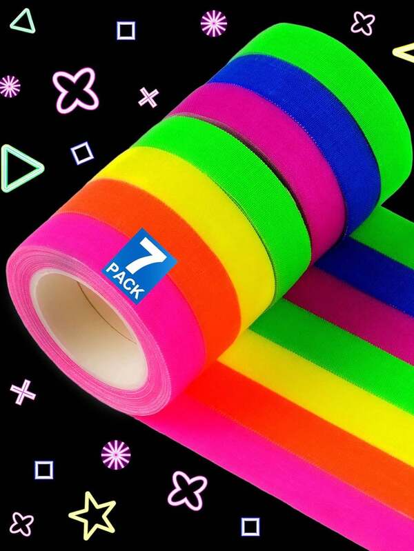 1Pc/7Pcs Neon Tape Glow In The Dark Tape For UV Glow Party, Fluorescent UV Blacklight, 6 Bright Colors Cloth Gaffer Decor Supplies For Party Decoration, Dance Floors, UV Party, Theater Stages, The Halloween - 0.6" X 16.5 Ft