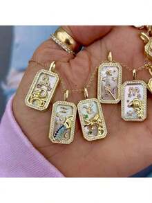 女士镶嵌人造锆石盾形吊坠，十二生肖彩色诞生石吊坠项链，送给妈妈/女儿/爱人朋友的最佳珠宝礼物 - 牡羊座 - 查看 1