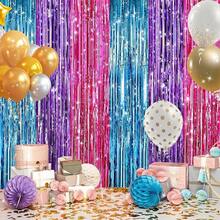 2Pack Silver Metallic Tinsel Foil Fringe Curtains, Door Streamer Photo Booth Backdrop Birthday Wedding, Graduation Engagement Bridal Shower Bachelorette Party Decorations Dancing Ball Party - Blue Purple Pink - 查看 6