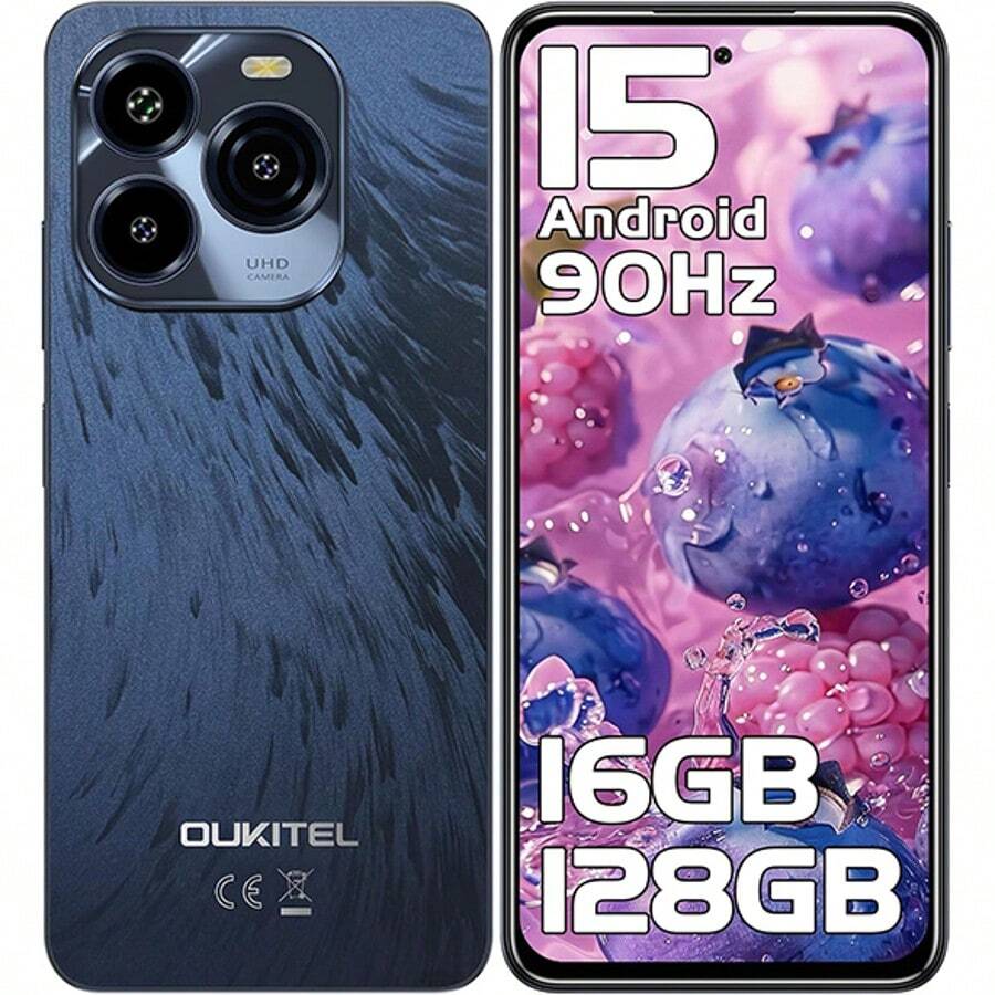 OUKITEL C65 Android 15 Smartphone Without Contract, 16GB+128GB/1TB Cell Phone Without Contract, 6.7" HD+ 90Hz Cell Phone Cheap, 50MP+8MP, 5150mAh Simlock Free Cell Phone, Dual SIM 3 Slot/Fingerprint/3.5mm Jack - 藍色 - 查看 1