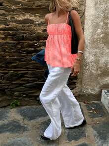 VIVINA Women's Minimalist Plaid Bubble Plaid Ruffle Hem Vacation Style Camisole Top - Red - View 2