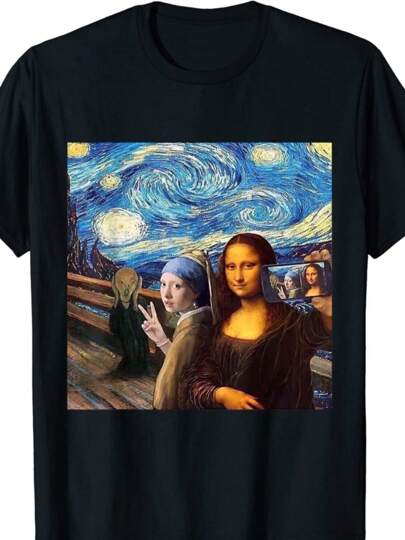 Men Plus Size Mona Lisa With Pearl Earrings Scream Starry Night T-Shirt 220g Big Size L-3XL 4XL 5XL