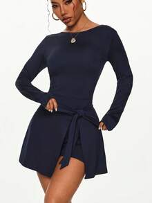Women's Summer Anti-Exposure Tight Sports Dress, Sexy Slit Lace-Up U-Back Tennis Skirt - Navy Blue - View 3