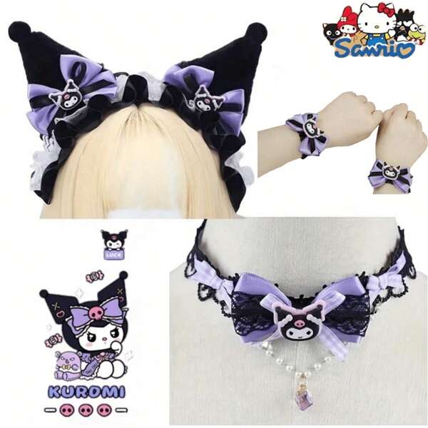 Sanrio Sanrios Authorized Kuromis 3-In-1 Princess Set Party Dress Up Set - Velvet Adjustable Headband + Bowknot & Cuffs + Lace Gloves | Party/Cosplay Gifts Costume Kit Party Favor Decorative Accessories Hello Kittys Cat (Some Parts May Be Random) (Gift Dress-Up)