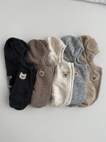 5双女款多色组合黑白灰卡通小熊刺绣春夏百搭款针织透气面料ins风少女风隐形船袜居家通勤派对运动上学节日礼物