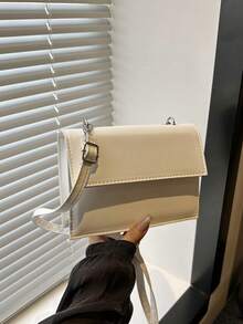 新款女士纯色 PU 材质单肩包，简约时尚，多功能户外小方形钱包，配有可拆卸可调节肩带 - 白色 - 查看 6