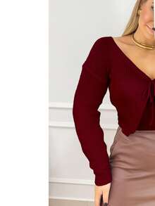 Women's Short Knitted Coat Long Sleeve, Stylish And Comfortable Autumn And Winter Fashion - Burgundy - View 3