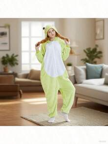 1pc Ropa de mujer linda El rana de caricatura Impresión de franela Romper Pijamas - Manga larga, con capucha, con cremallera, tejido de punto, forro de poliéster,  para adultos para calor de otoño/invierno - rana - Ver 1