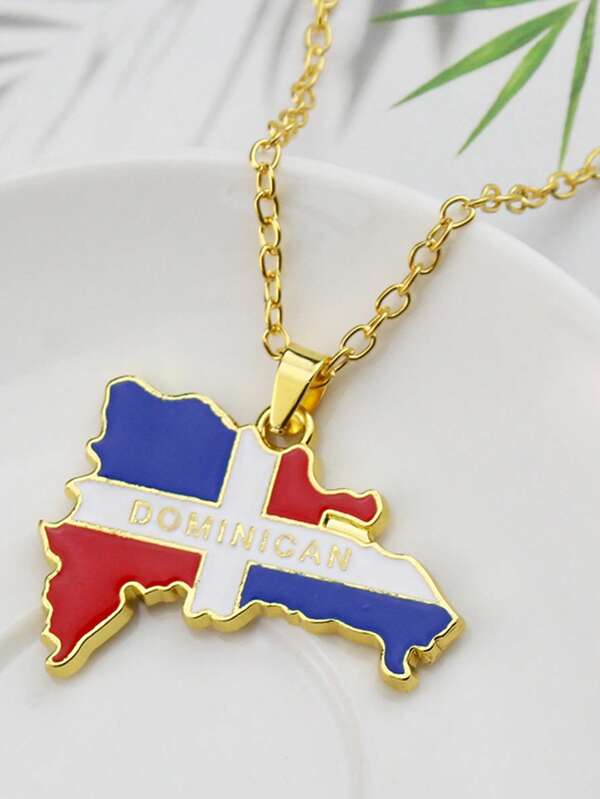 1pc Haiti Republic Map Pendant Necklace, Gold-Color Alloy , Federal Republic Of Flag Charm Pendant