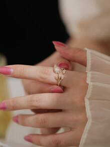 Tkool 1 pieza Anillo de flor romántica con circonita rosa, anillo abierto de gema floral microincrustada, accesorio para mujer