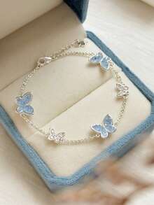 1pc/2pcs/5pcs Set Elegant Asymmetrical Blue Crystal Butterfly Faux Pearl Necklace Bracelet Earrings Ring Jewelry Set, Great Holiday Gift For Girlfriend/Best Friend