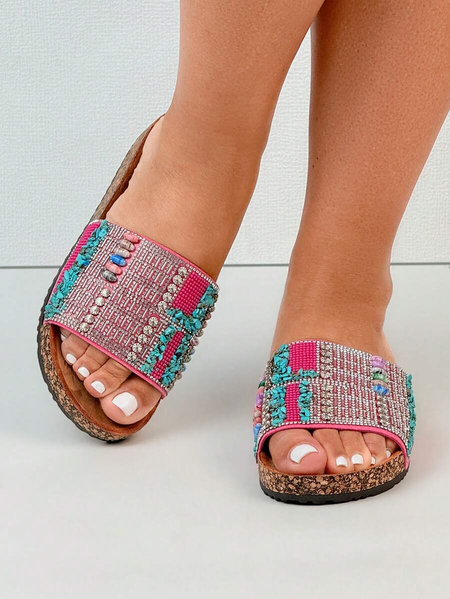 Thick Sole Slippers, Crystal Embellished Flat Bohemian Vacation Sandals - FUCHSIA - View 1