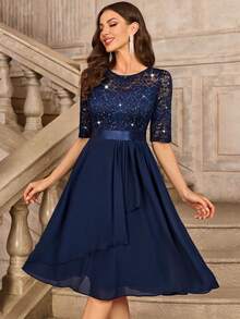 MIUSOL 亮片花卉蕾丝圆领不对称褶边雪纺半袖舞会派对摆裙