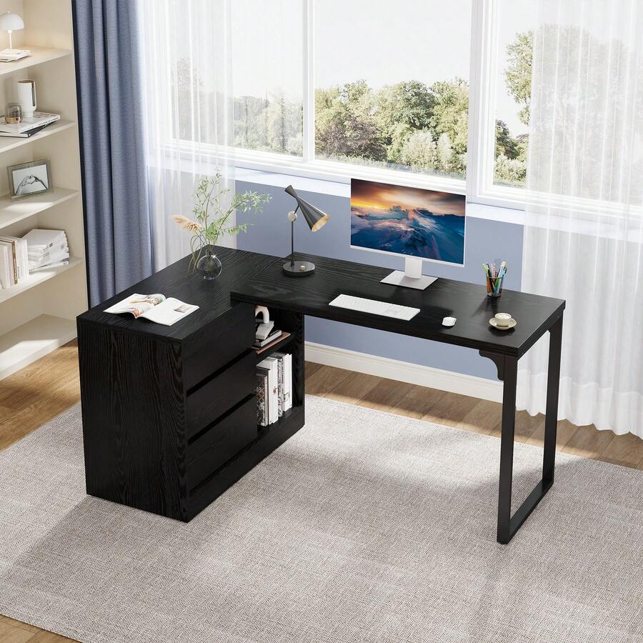 Tribesigns L-Shaped Computer Desk With Drawers And Shelves, Reversible Corner Office Desk With Storage Cabinet, Modern Study Writing Table For Home Office, Bedroom - màu đen - Xem 1