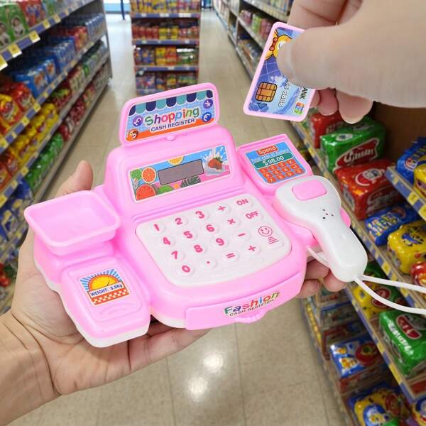 1 Set Caja registradora rosa de juego de roles para niñas, mostrador de caja realista para supermercado, juego interactivo padres-hijos para interiores, regalo de cumpleaños para niñas