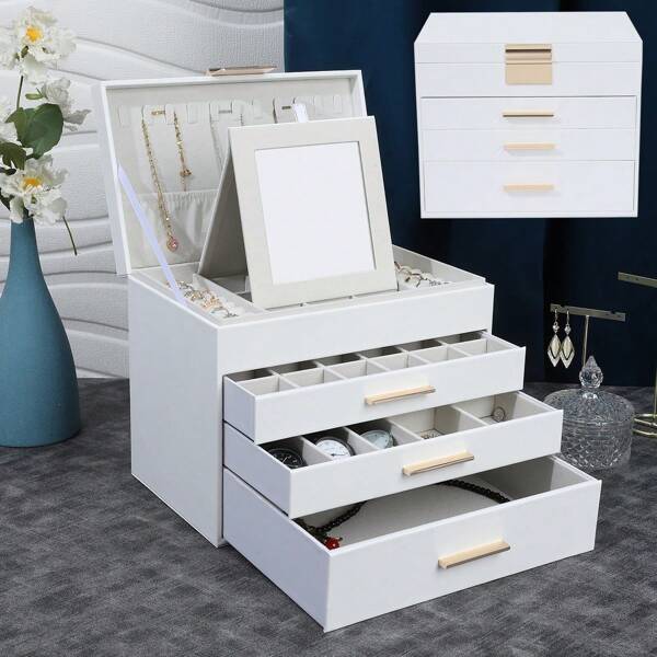 Women Girls Jewelry Box, 4 Layer 3 Drawer Large Jewelry Storage Box, PU Leather Jewelry Display Case With Removable Tray & Mirror, For Necklaces Earrings Rings Bracelets, Vintage Gift