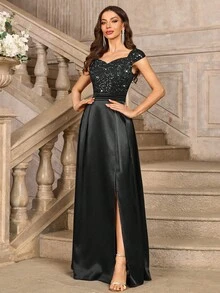 MIUSOL Sequin Floral Lace Sweetheart Neck Cap Sleeve Contrast Satin Formal Party Maxi Dress, Elegant Party Dress For Women, Formal Evening Gown, Prom Dress, For Easter, Mother Day, Wedding Guest, Graduation, Dinner - 黑色 - 查看 6