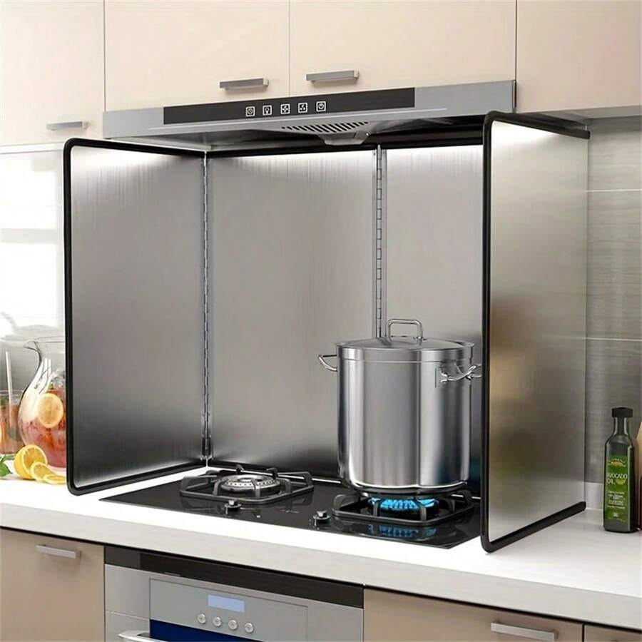 1pc Dual Panel Stainless Steel Splash Guard - Heat Resistant, Non-Stick Kitchen Stove Protector - Foldable Plates For Home, RV, Camping