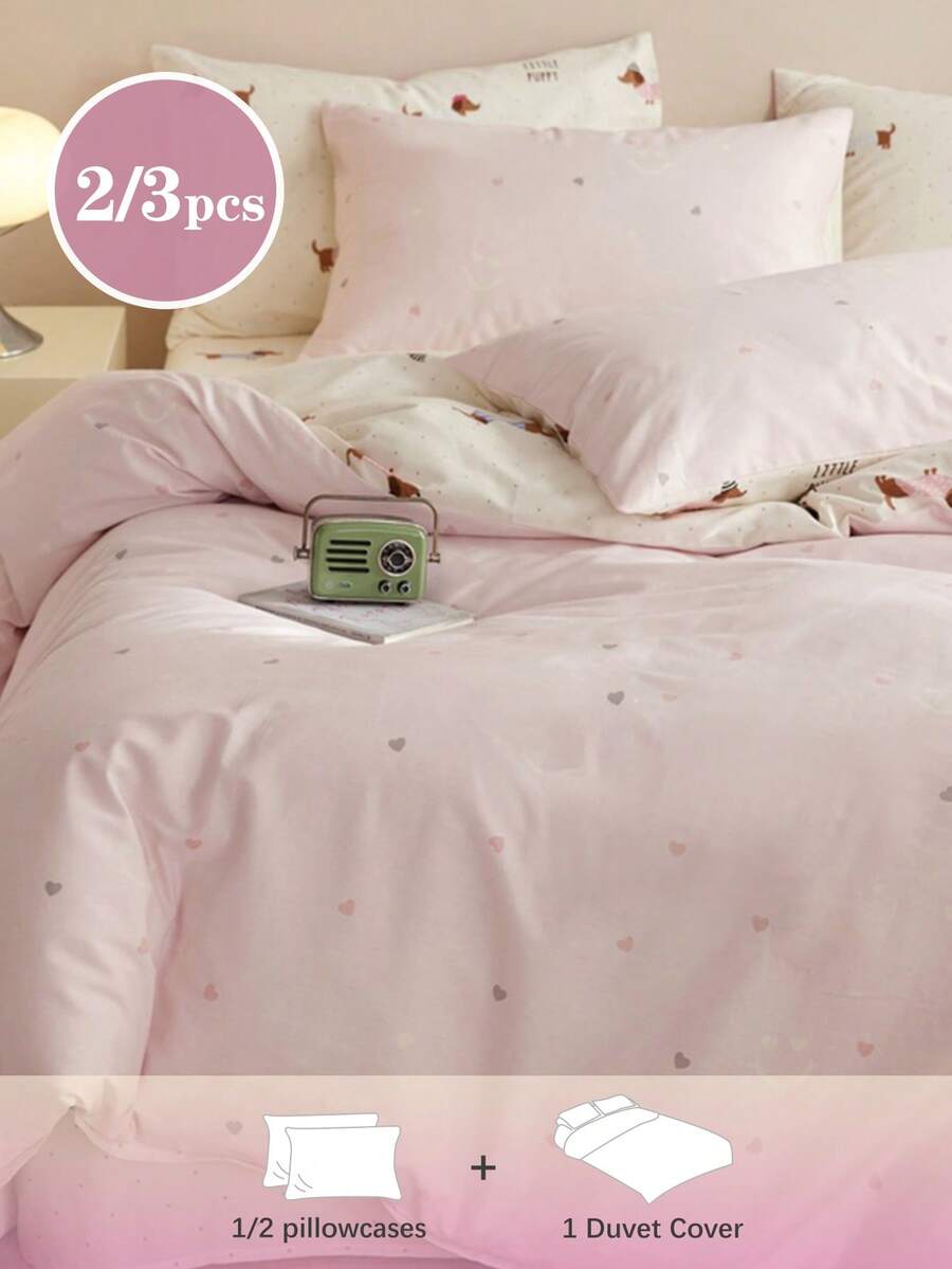 2/3 件套 Little Love、腊肠犬小狗、床上用品、清新温暖的情人节女孩印花、透气、超柔软、适合双人全尺寸大床、适合所有季节、家居装饰、礼物、可机洗磨毛被套三件套、单人床全尺寸大号双人床