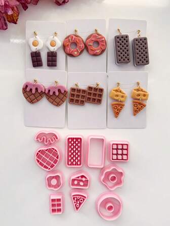 Summer Dessert Snack Styling Soft Clay Mold, Cute Ice Cream Waffle Cookies Flowers & Leaf Shape Embossing Polymer Clay Cutters, Clay Earring Cutter For Polymer Clay Jewelry Making,Polymer Clay Stud Earring Stamp Making Tool, Clay Jewelry Making Kit, Clay Earring Molds,Made By PLA, DIY Earring Gift