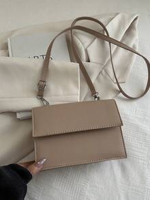 新款女士手提包，纯色 PU 材质，简约时尚单肩包，适合外出，多功能小方包，配有可拆卸和可调节肩带 - 卡其色 - 查看 2