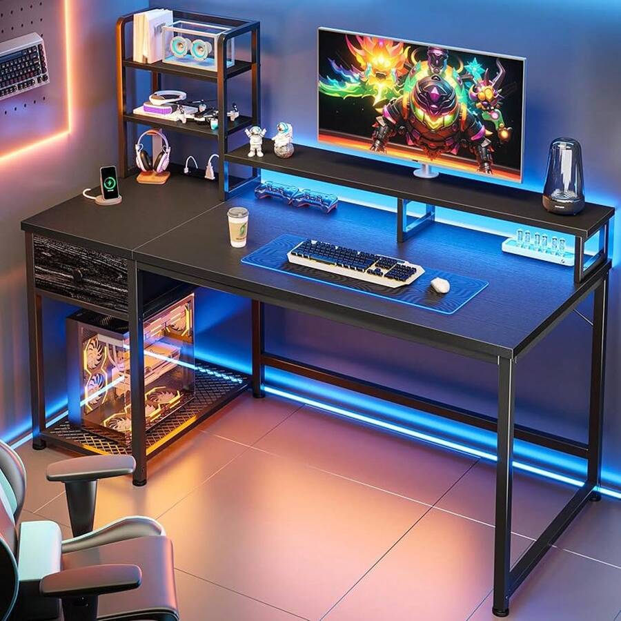 EnHomee 55" Gaming Desk With LED Lights & Power Outlets, Computer Desk With Drawers, Home Office Desks With Reversible Shelves And Monitor Stand, Rustic Brown - 黑色 - 查看 1