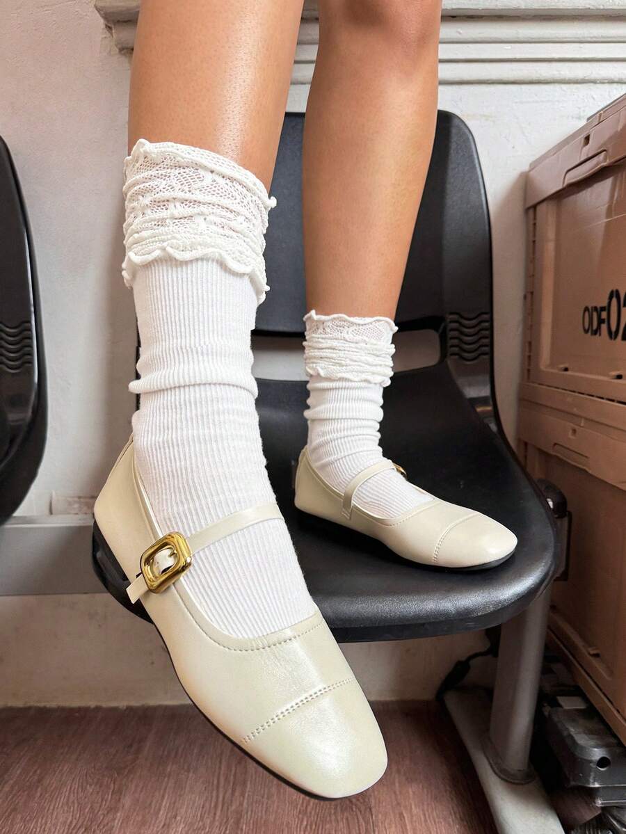 DareSee Giày bệt nữ thời trang xuân thu kiểu Mary Jane quai ngang, mũi nhọn nông, thoải mái, thích hợp cho lễ hội âm nhạc Valentine, Y2KFest, mùa tựu trường, quà tặng thu đông. - Màu be - Xem 1