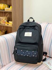 Contrast Color Patchwork Casual Zipper Closure Backpack, Suitable For Students, School, Outdoor Activities, Youth' - Black - View 10