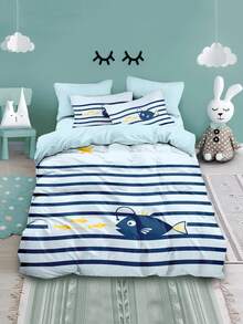 4 件套卡通鲨鱼吃虾印花床上用品套装，包括 1 件羽绒被套 + 2 件枕套 + 1 件床单，适用于宿舍/儿童房的单人床，男孩/女孩