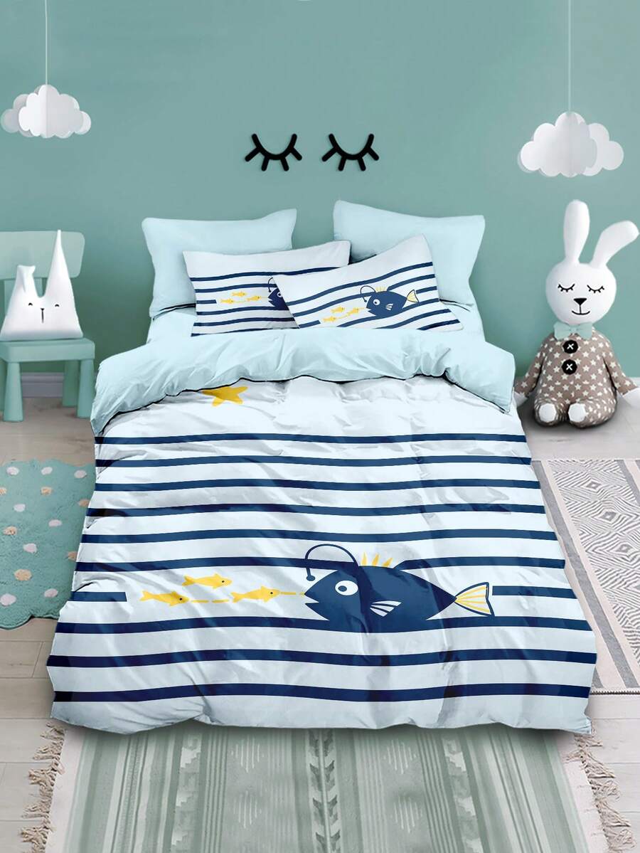 4 件套卡通鲨鱼吃虾印花床上用品套装，包括 1 件羽绒被套 + 2 件枕套 + 1 件床单，适用于宿舍/儿童房的单人床，男孩/女孩