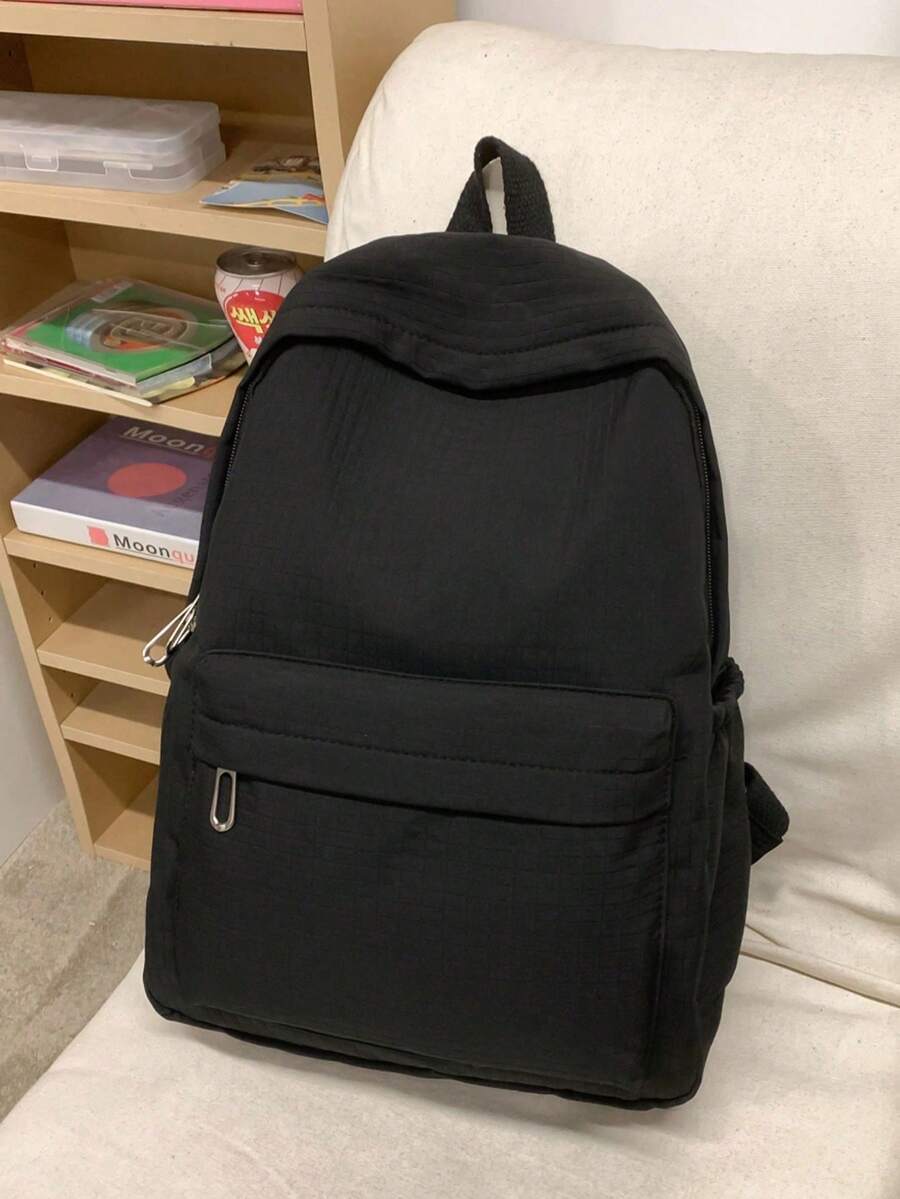 1pc Unisex Plain Color Backpack, Fashionable Versatile Large Capacity Casual Daypack For Work, School, Commute School Bag - Black - View 1